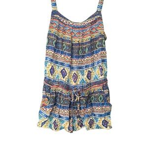 Forever 21 Colorful Abstract Geometric Patterned Baggy Drawstring 2010s Top